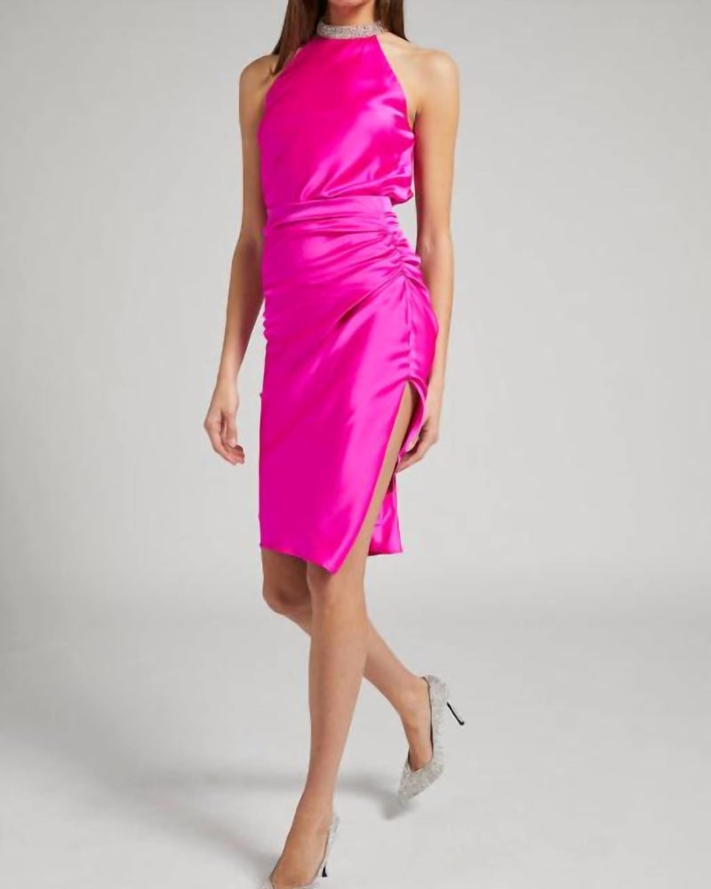 Front of a model wearing a size Large Misty Satin Midi Skirt In Hot Pink in Hot Pink by Generation Love. | dia_product_style_image_id:358973